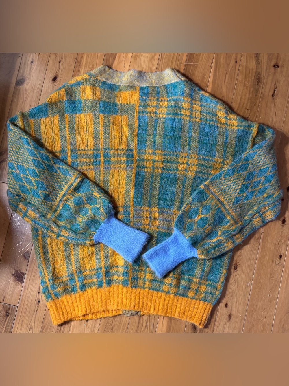 Free People Sepia Plaid Cardigan in Marigold Sky Combo Sz XS OVERSIZED FuzzyWool - Picture 4 of 15